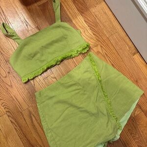 Green Two-Piece Set with Fringe Detail
